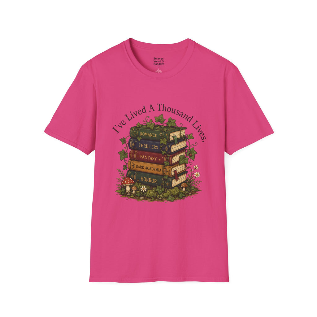 Book Lover T-Shirt — "I've Lived A Thousand Lives" Vintage Stack of Books Design