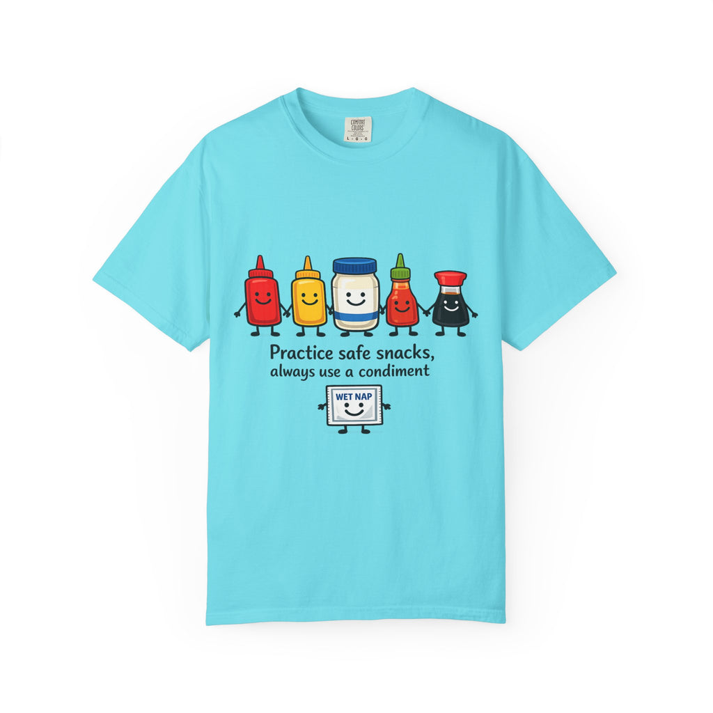 Condom Cartoon T-Shirt — "Practice Safe Snacks" Funny Safe Sex Graphic Tee