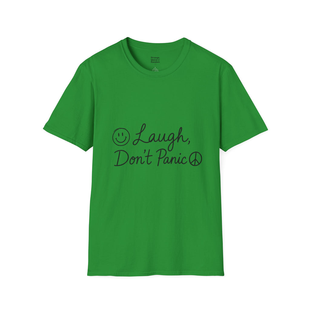 Laugh Don't Panic T-Shirt | Smiley Peace Sign Typography