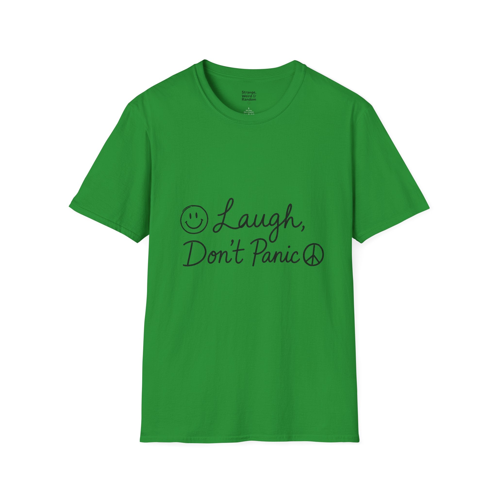 Laugh Don't Panic T-Shirt | Smiley Peace Sign Typography
