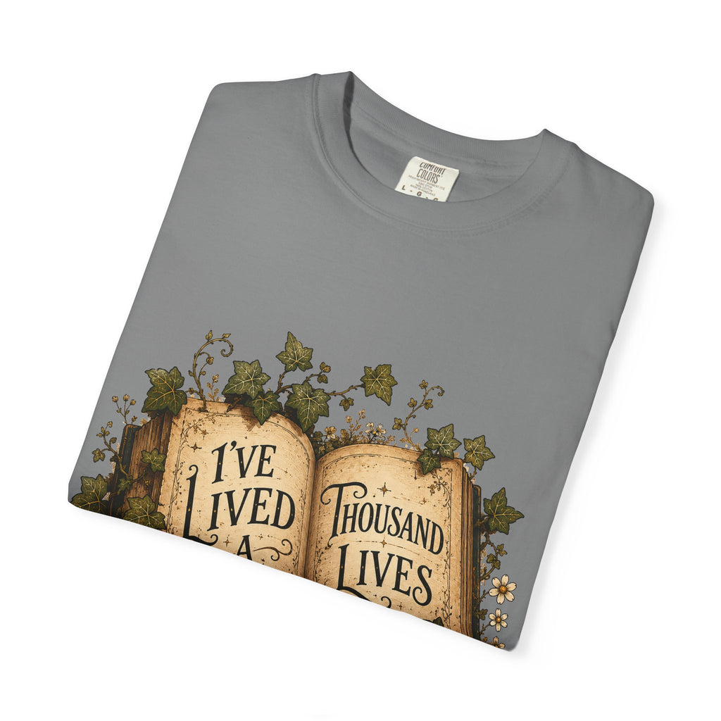 Book Lover T-Shirt — "I've Lived A Thousand Lives" Vintage Open Book Design