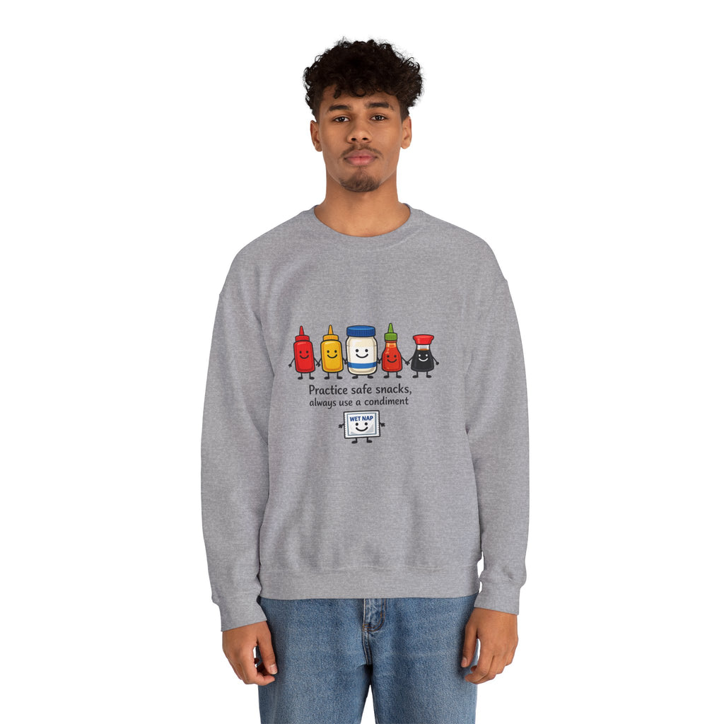 Condiment Cartoon 'Practice Safe Snacks' Sweatshirt | Ketchup Mustard Mayo Funny Food Design