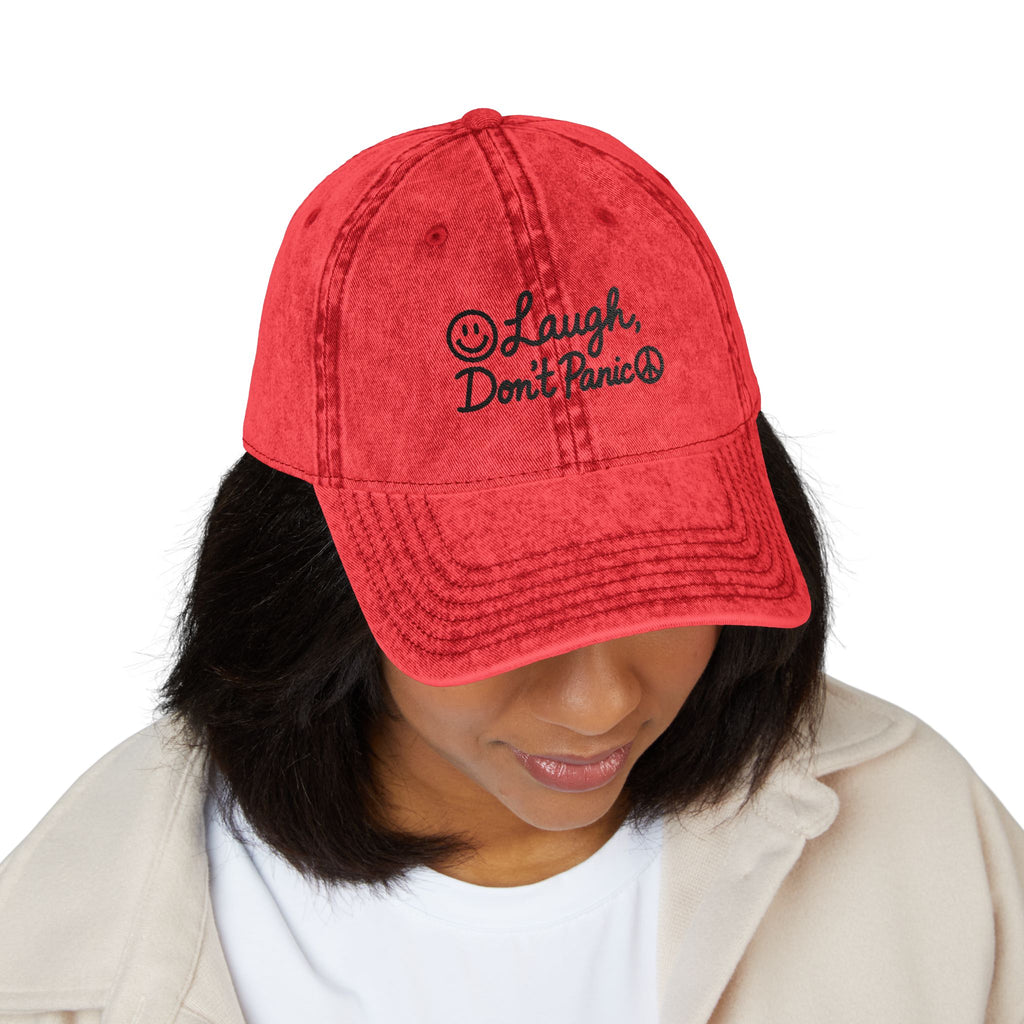Vintage Embroidered Cap — "Laugh, Don’t Panic" Red Distressed Hat