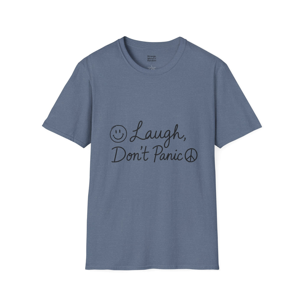 Laugh Don't Panic T-Shirt | Smiley Peace Sign Typography