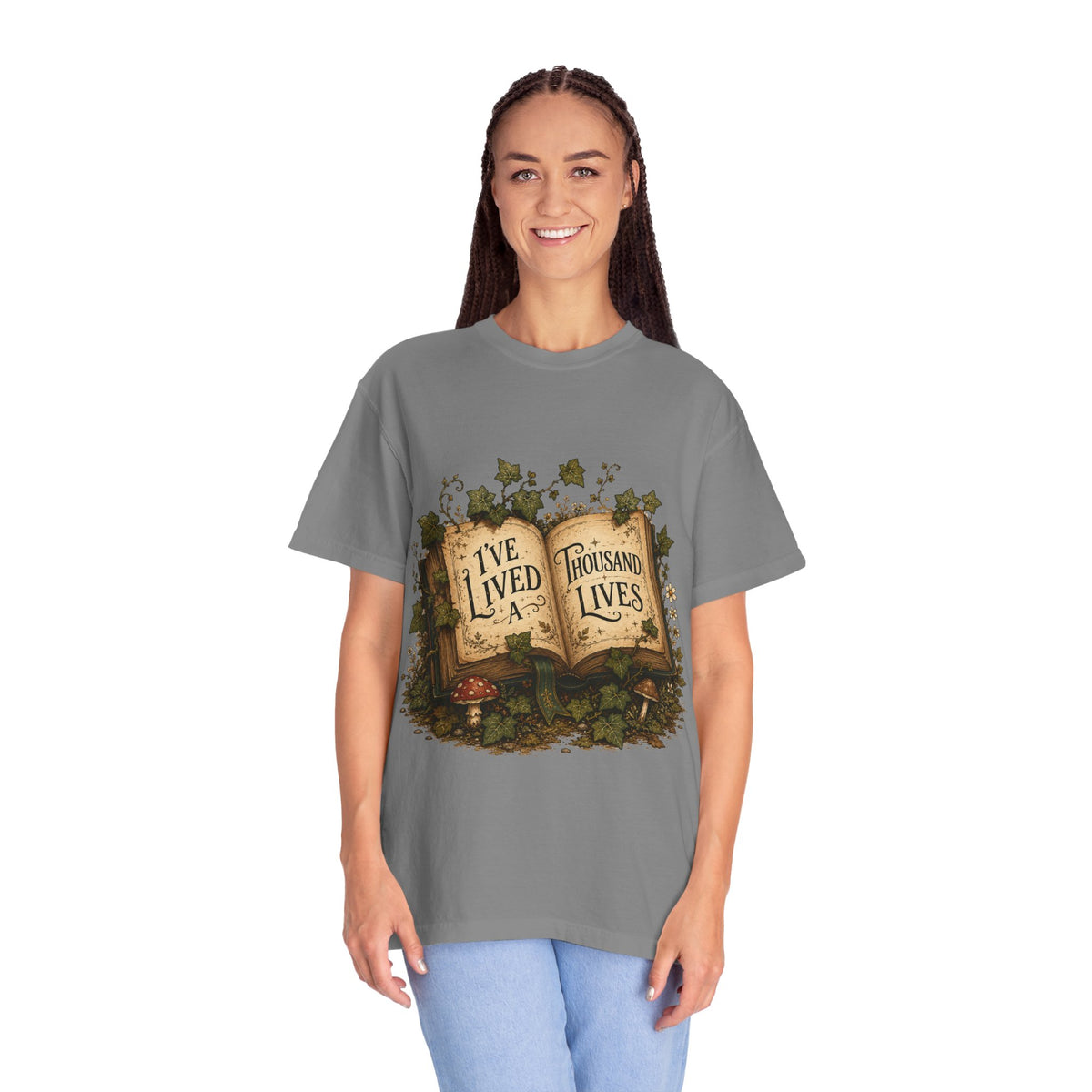 Book Lover T-Shirt — "I've Lived A Thousand Lives" Vintage Open Book Design