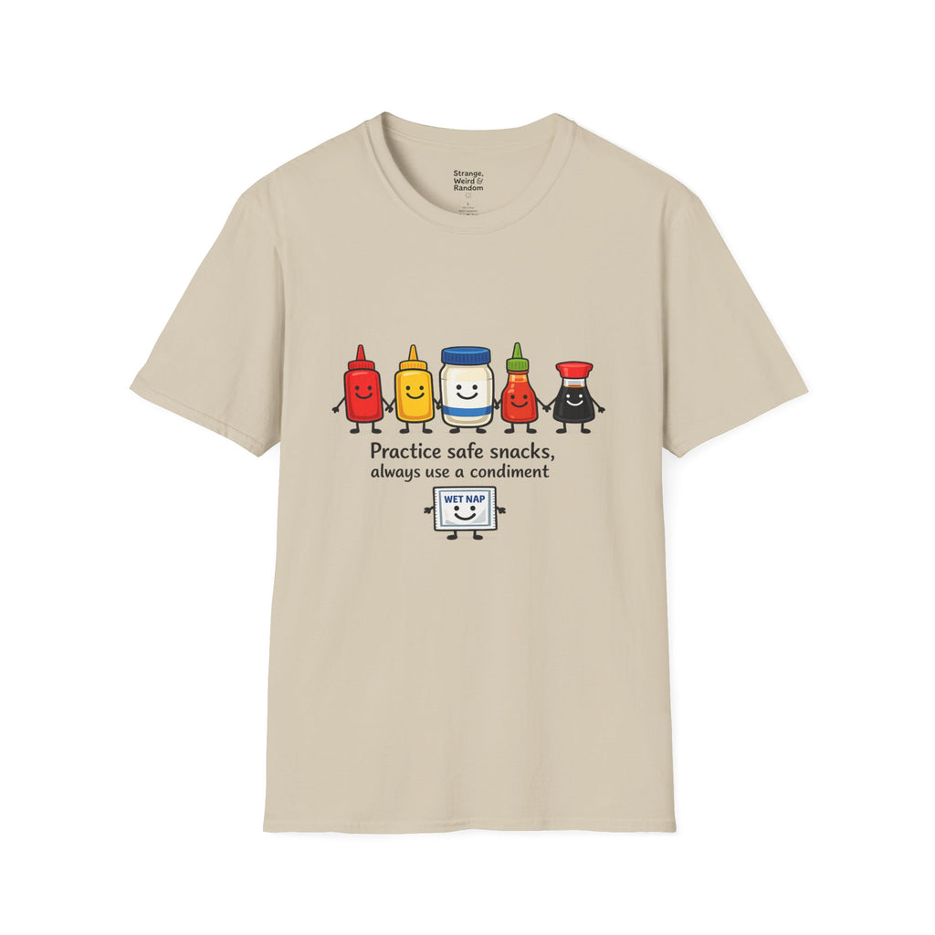Practice Safe Snacks condiment characters T-Shirt | Ketchup Mustard Peanut Butter Jelly