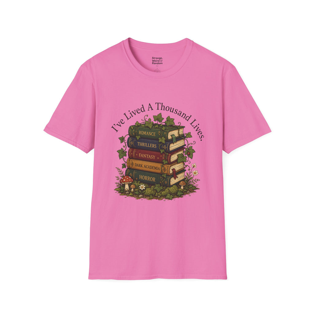 Book Lover T-Shirt — "I've Lived A Thousand Lives" Vintage Stack of Books Design