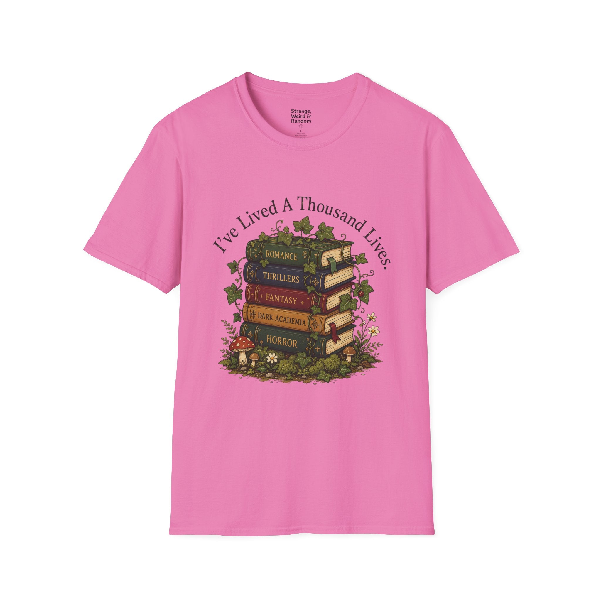 Book Lover T-Shirt — "I've Lived A Thousand Lives" Vintage Stack of Books Design