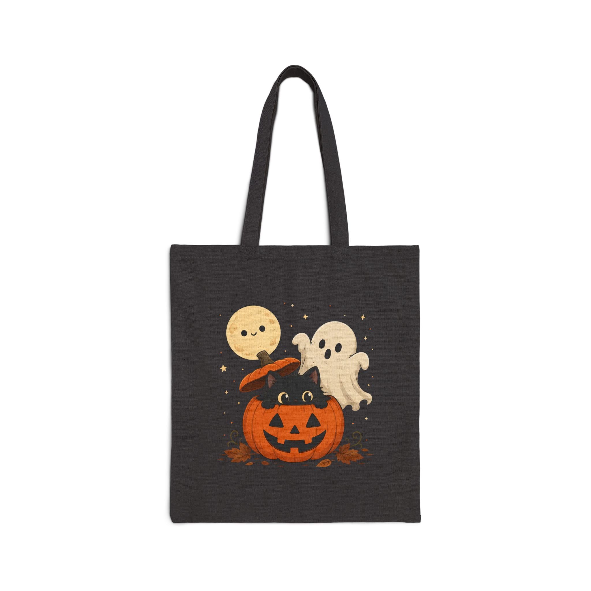 Reusable Single Sided Trick-or-Treat Bag Halloween Cotton Canvas Tote — Cute Pumpkin with Black Cat & Ghosts, Trick or Treat
