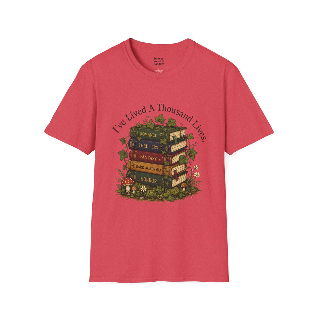 Book Lover T-Shirt — "I've Lived A Thousand Lives" Vintage Stack of Books Design