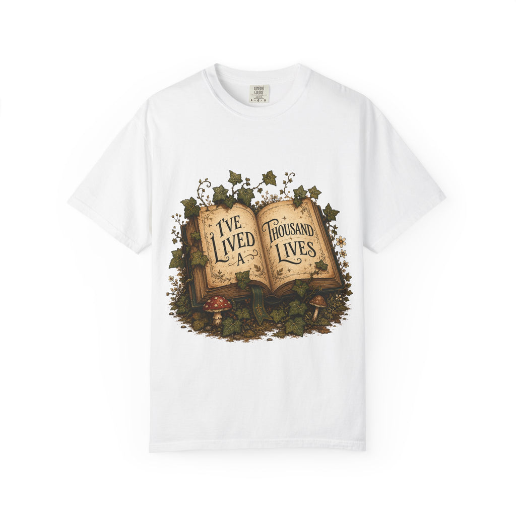 Book Lover T-Shirt — "I've Lived A Thousand Lives" Vintage Open Book Design