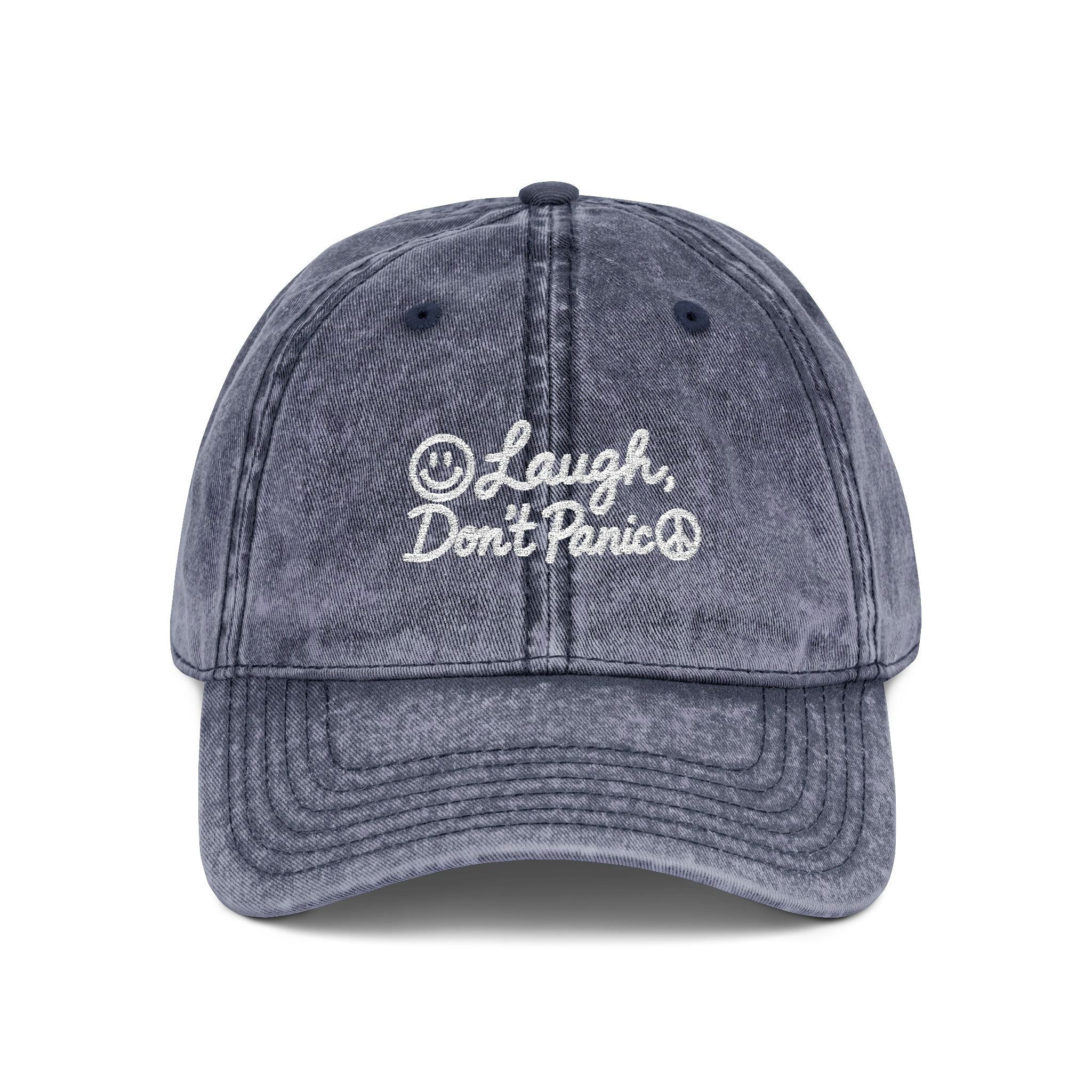 Vintage Red Embroidered Cap – “Laugh Don’t Panic” Smiley Dad Hat