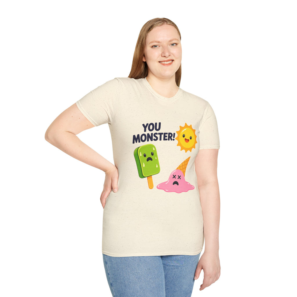 You Monster! Cartoon Sun and Melting Ice Cream T-Shirt | Cute Food Illustration