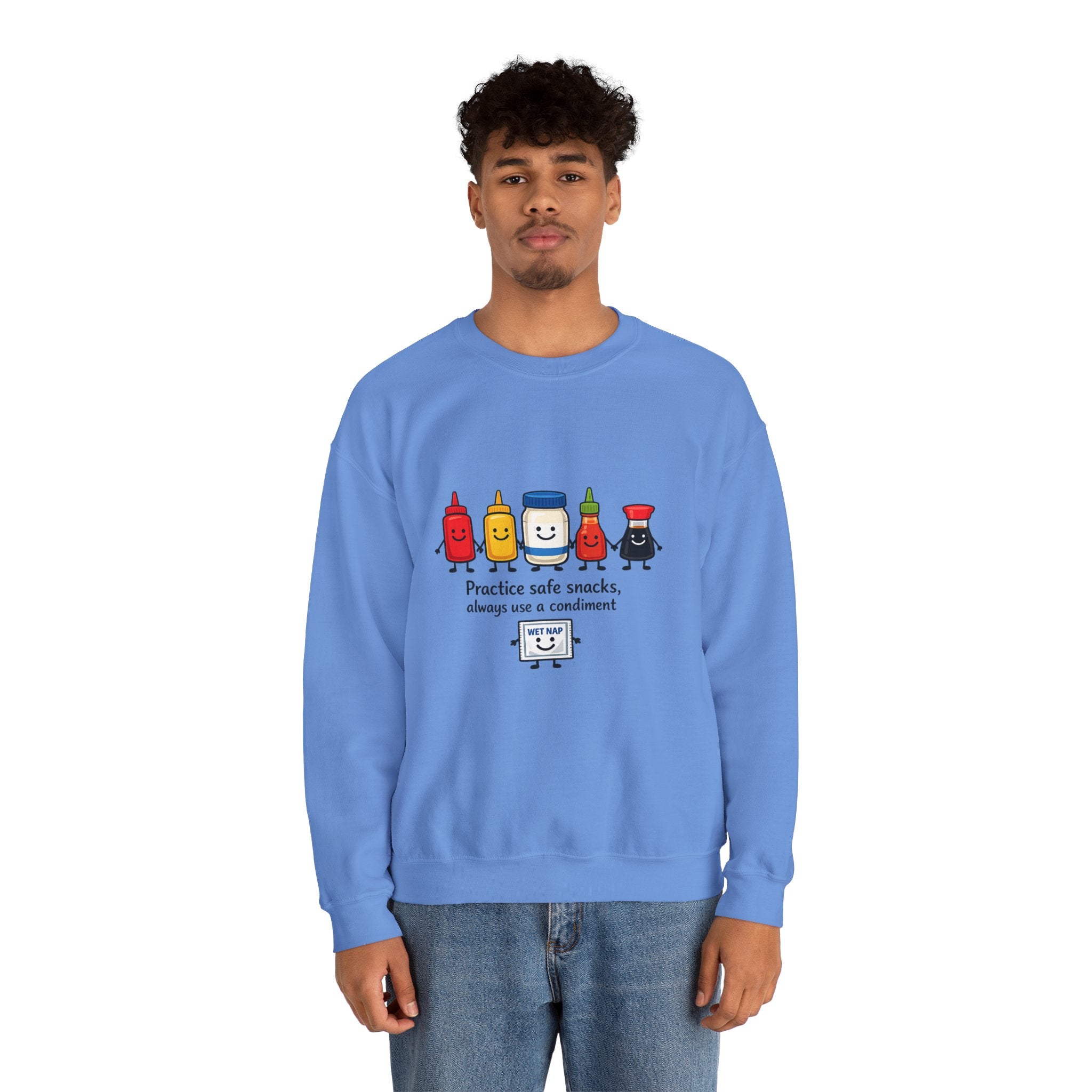 Condiment Cartoon 'Practice Safe Snacks' Sweatshirt | Ketchup Mustard Mayo Funny Food Design