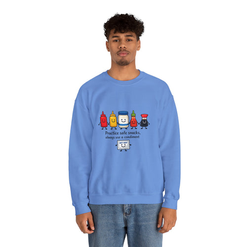 Condiment Cartoon 'Practice Safe Snacks' Sweatshirt | Ketchup Mustard Mayo Funny Food Design