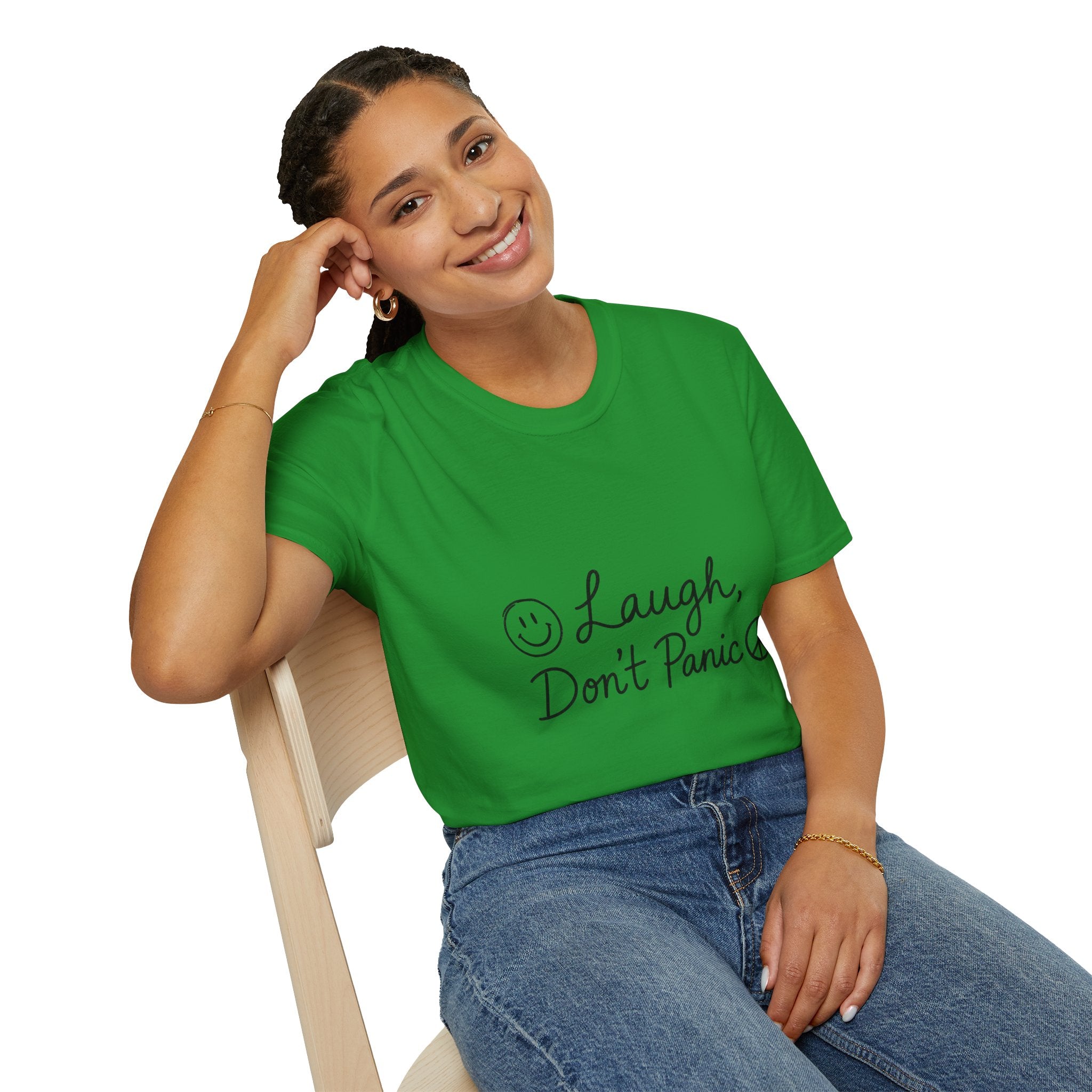 Laugh Don't Panic T-Shirt | Smiley Peace Sign Typography