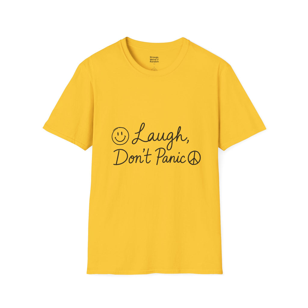 Laugh Don't Panic T-Shirt | Smiley Peace Sign Typography