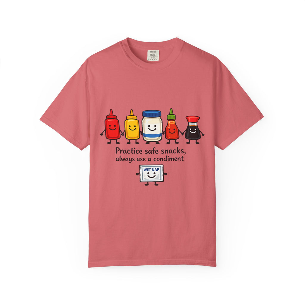 Condom Cartoon T-Shirt — "Practice Safe Snacks" Funny Safe Sex Graphic Tee