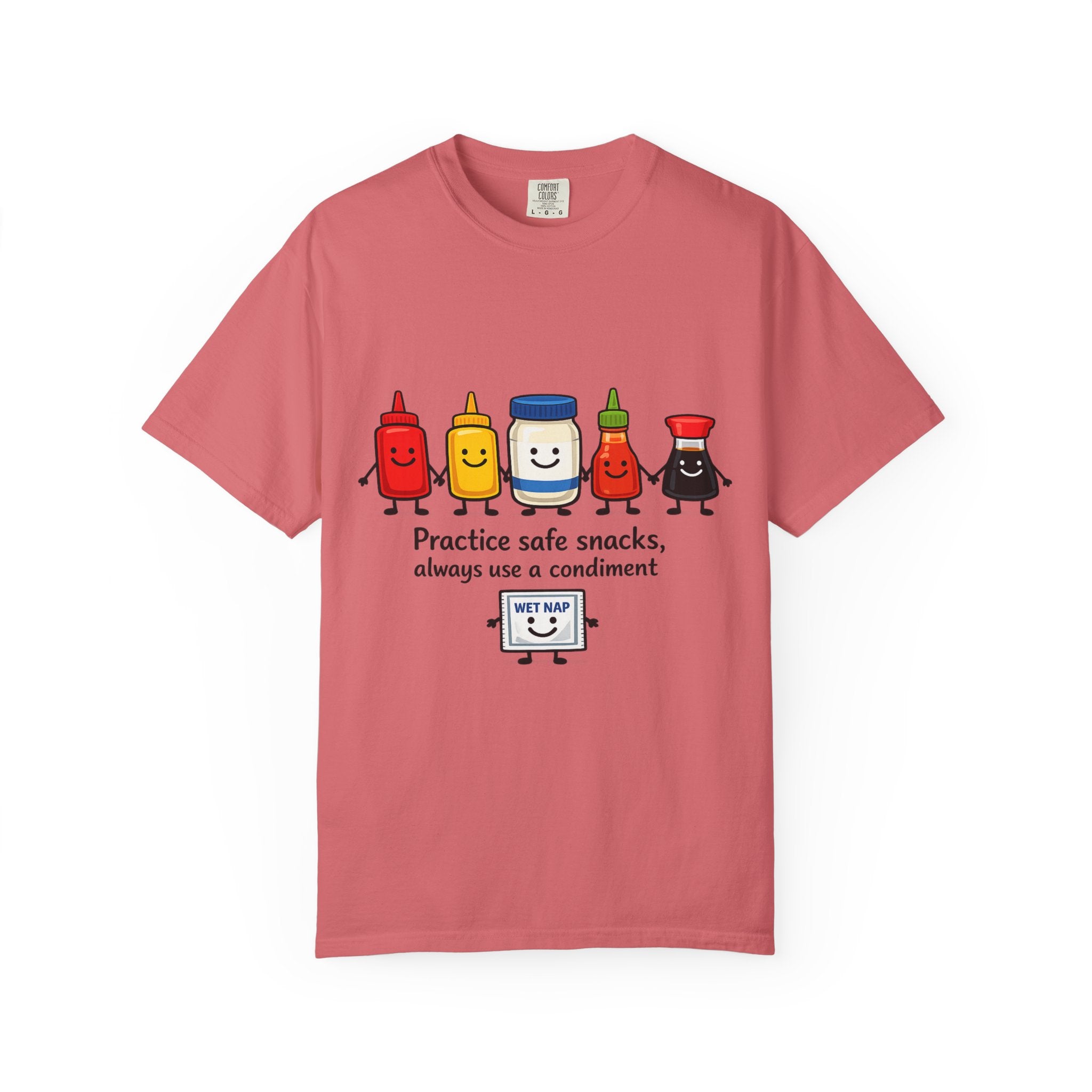 Condom Cartoon T-Shirt — "Practice Safe Snacks" Funny Safe Sex Graphic Tee