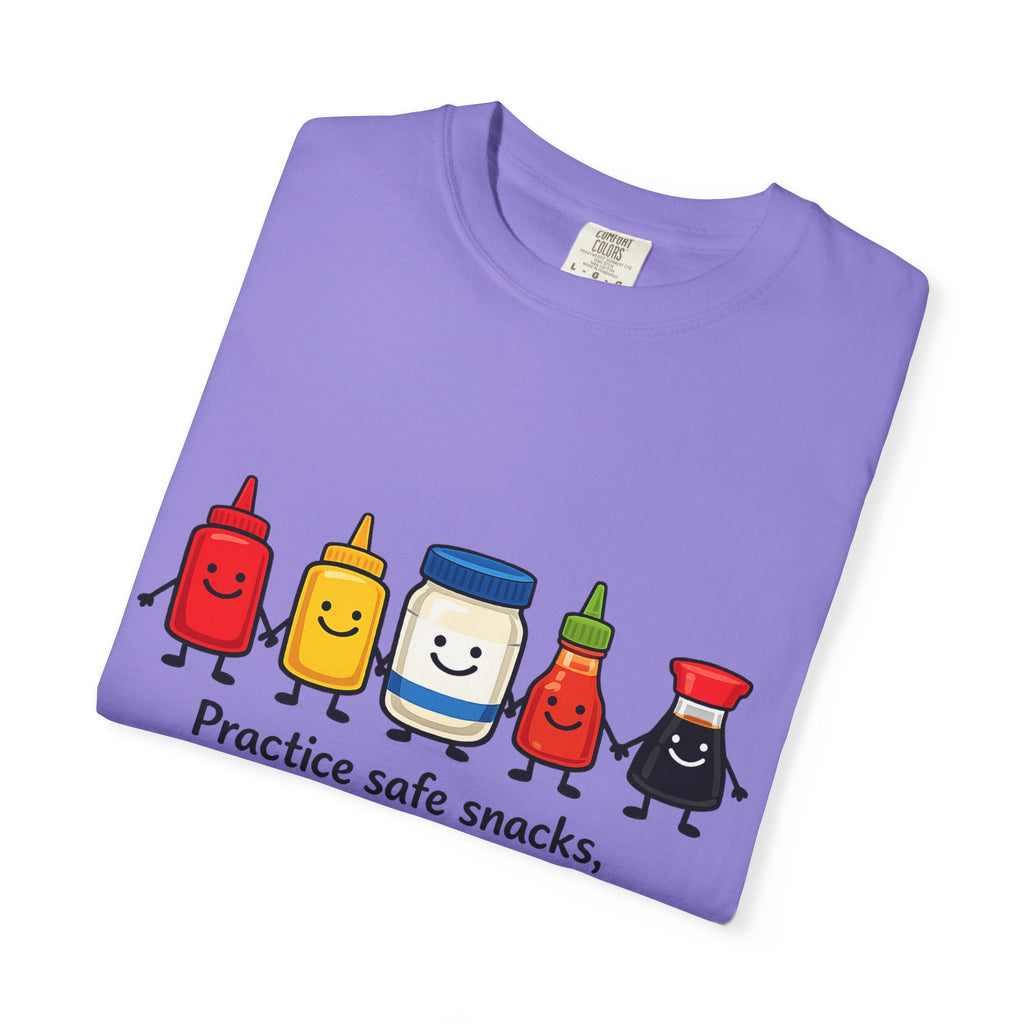 Condom Cartoon T-Shirt — "Practice Safe Snacks" Funny Safe Sex Graphic Tee