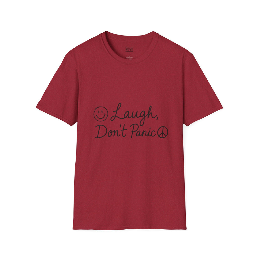 Laugh Don't Panic T-Shirt | Smiley Peace Sign Typography