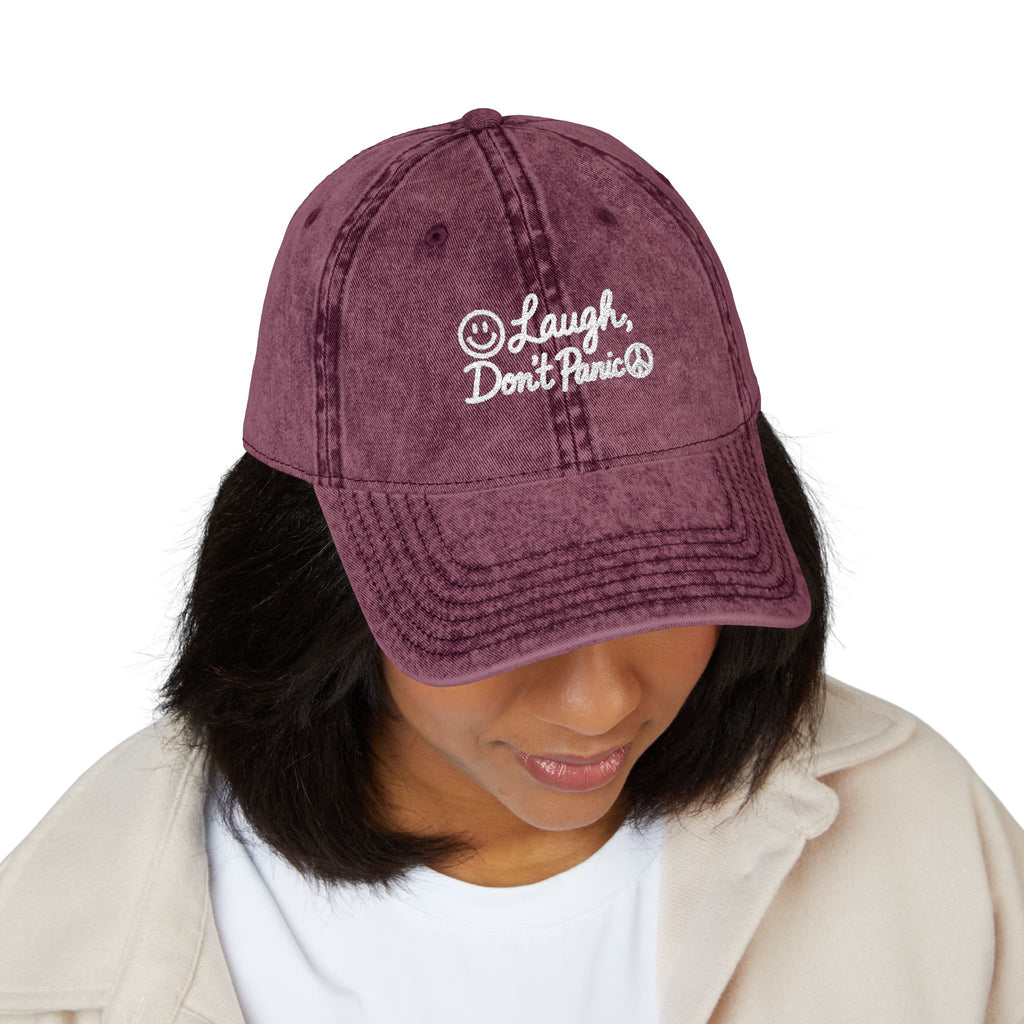 Vintage Red Embroidered Cap – “Laugh Don’t Panic” Smiley Dad Hat