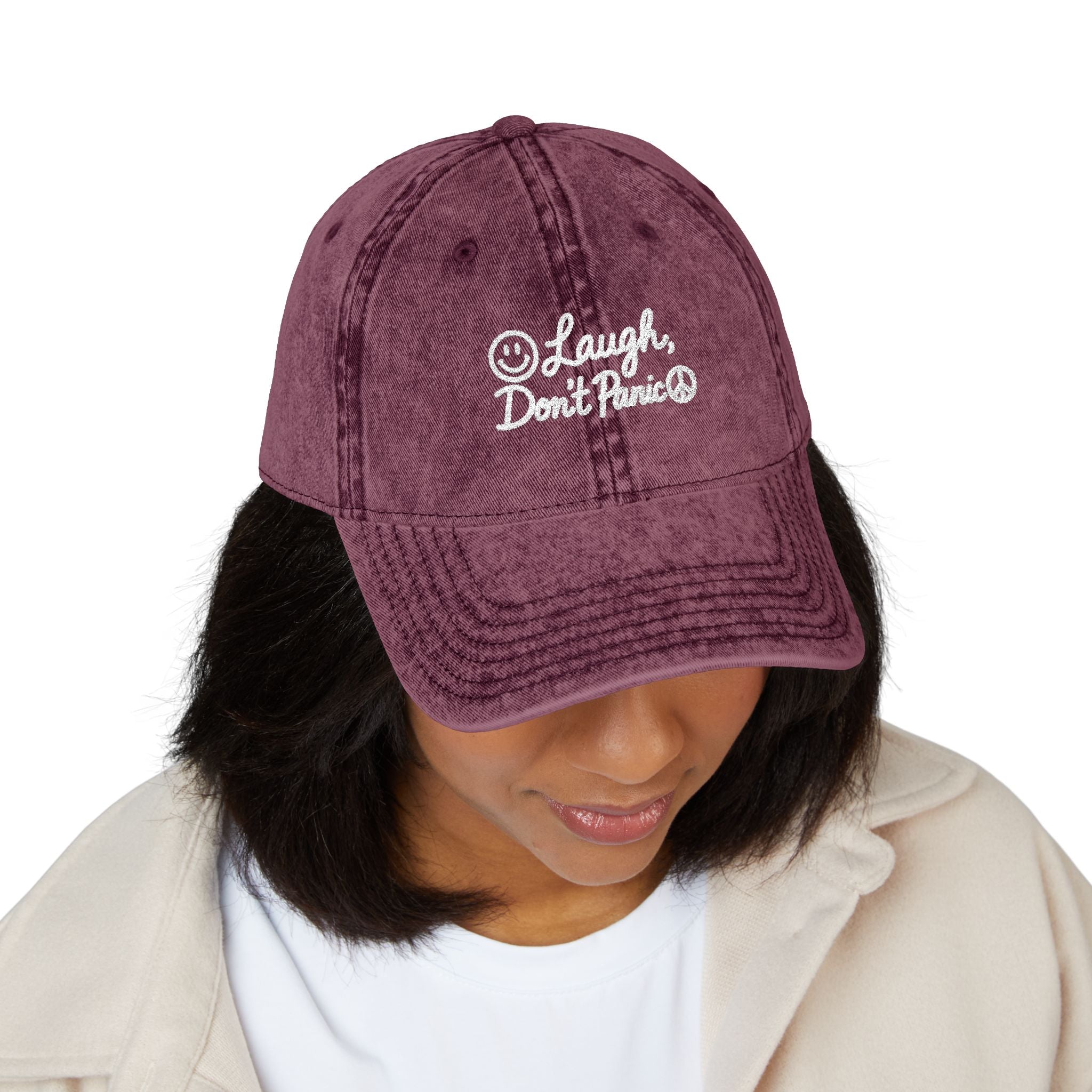 Vintage Red Embroidered Cap – “Laugh Don’t Panic” Smiley Dad Hat