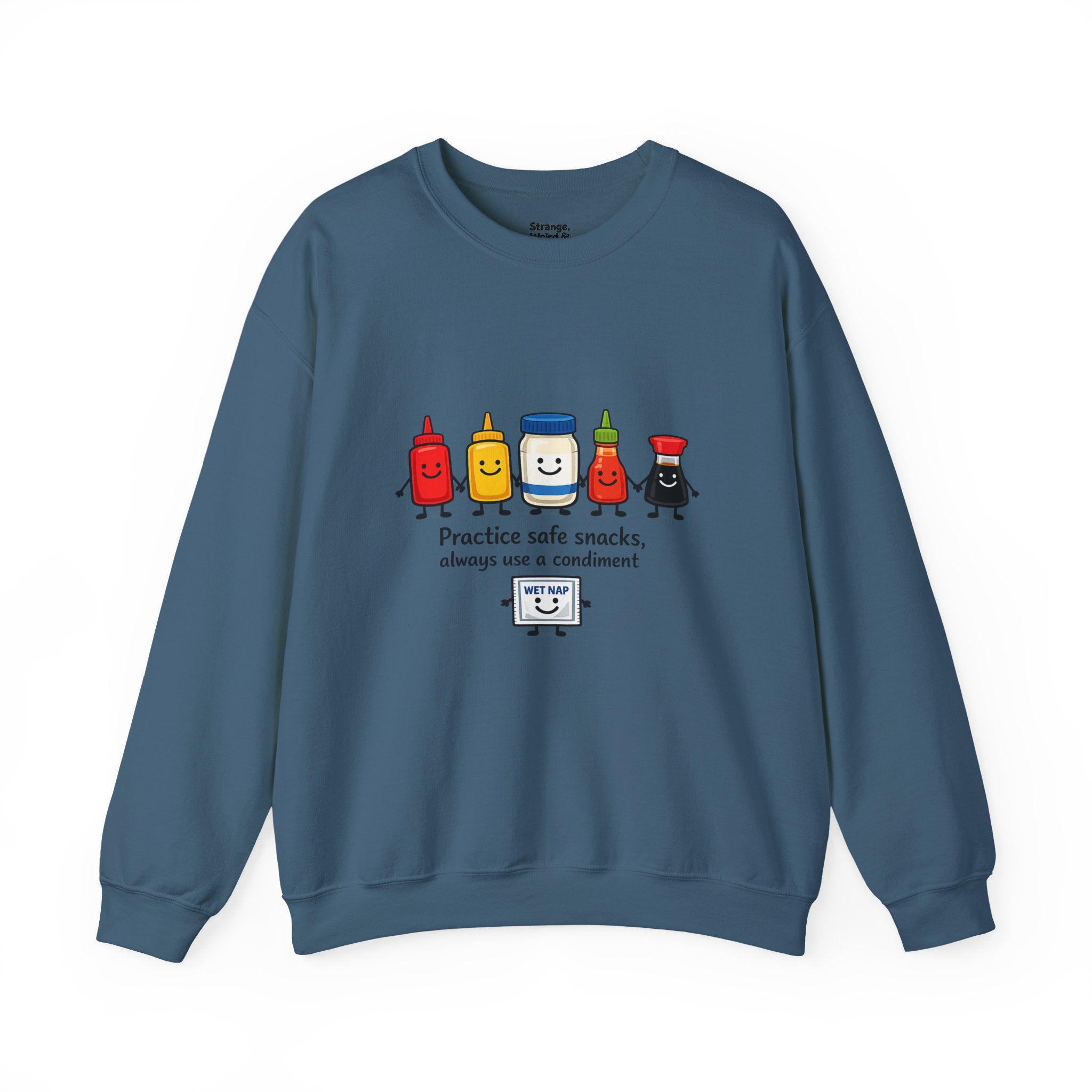 Condiment Cartoon 'Practice Safe Snacks' Sweatshirt | Ketchup Mustard Mayo Funny Food Design