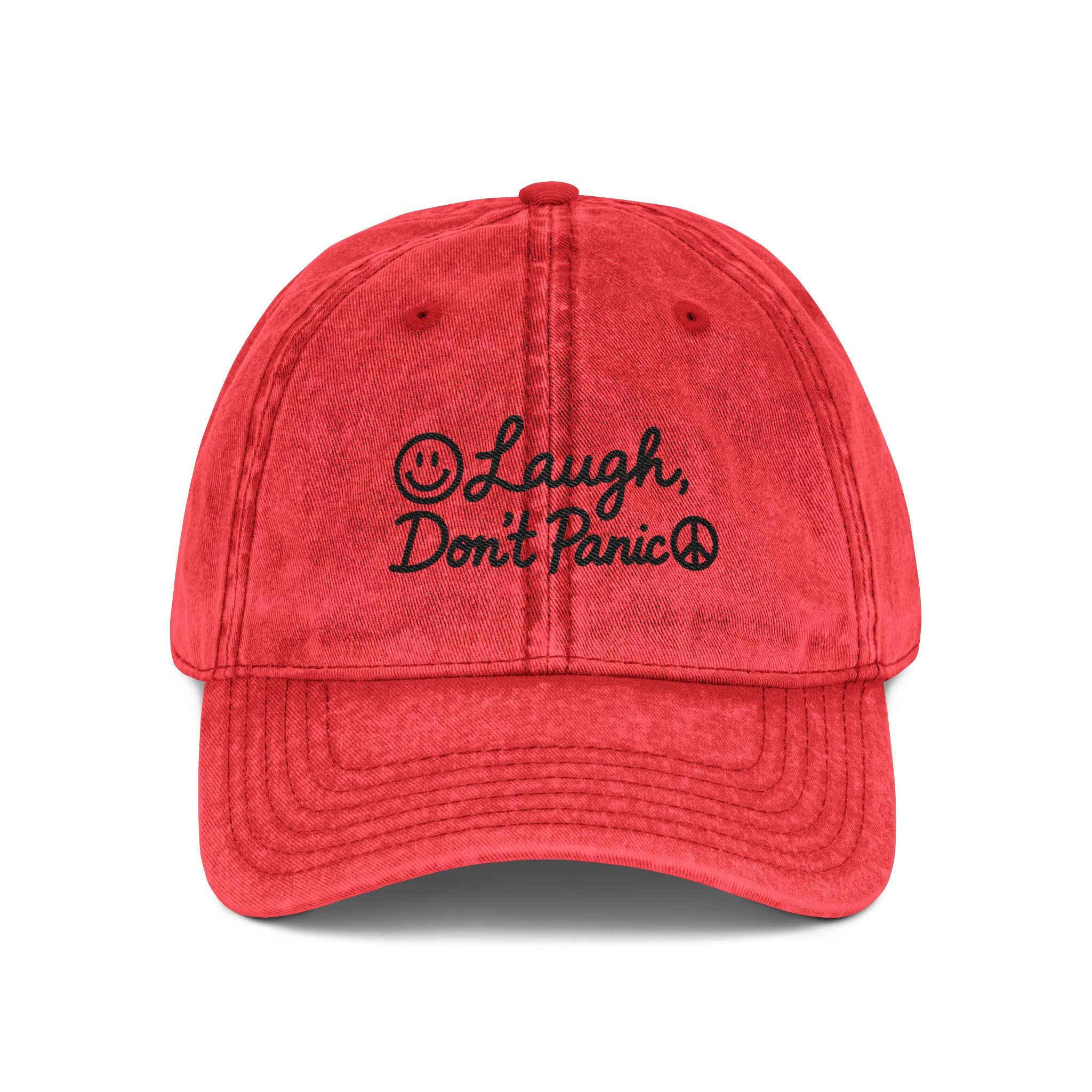 Vintage Embroidered Cap — "Laugh, Don’t Panic" Red Distressed Hat