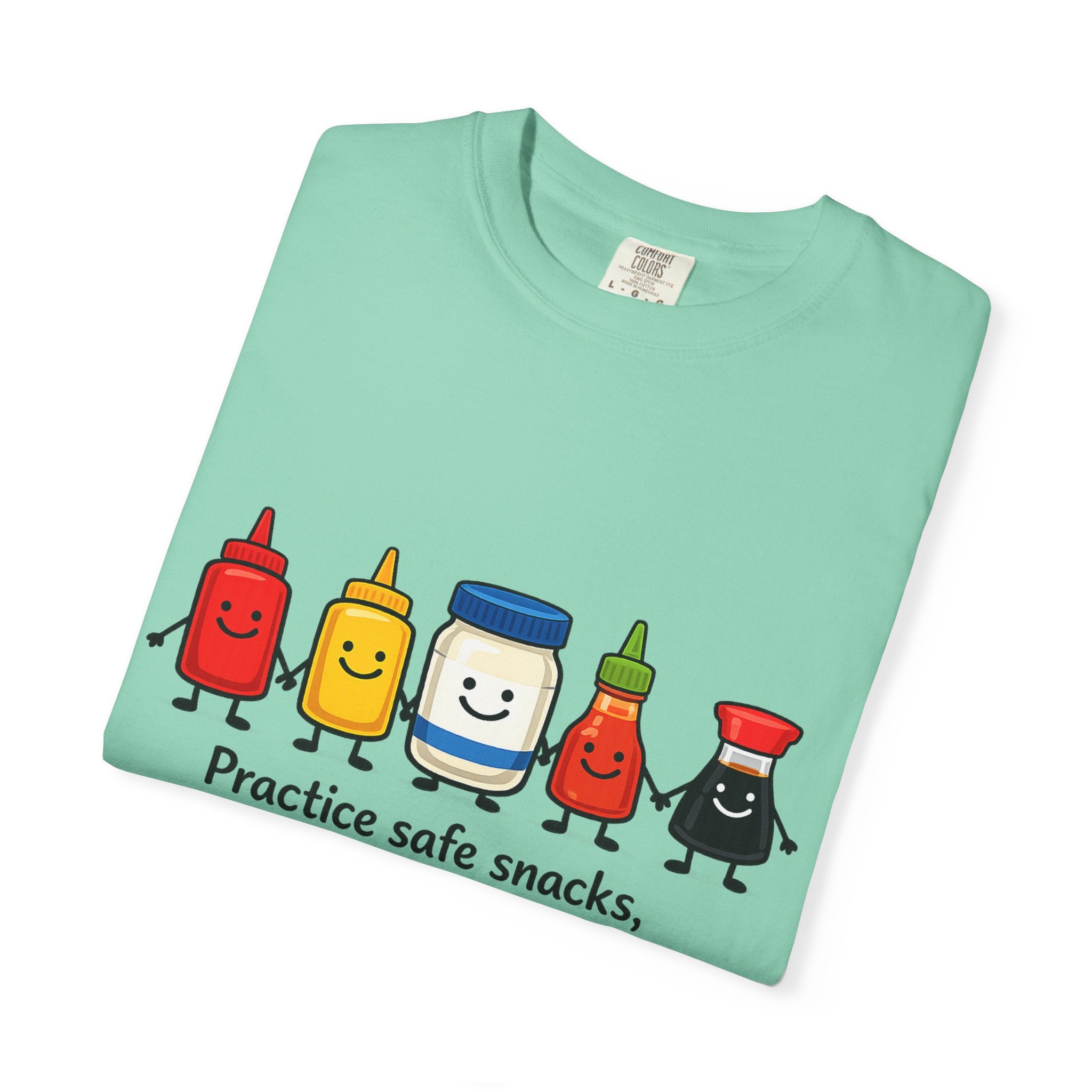 Condom Cartoon T-Shirt — "Practice Safe Snacks" Funny Safe Sex Graphic Tee