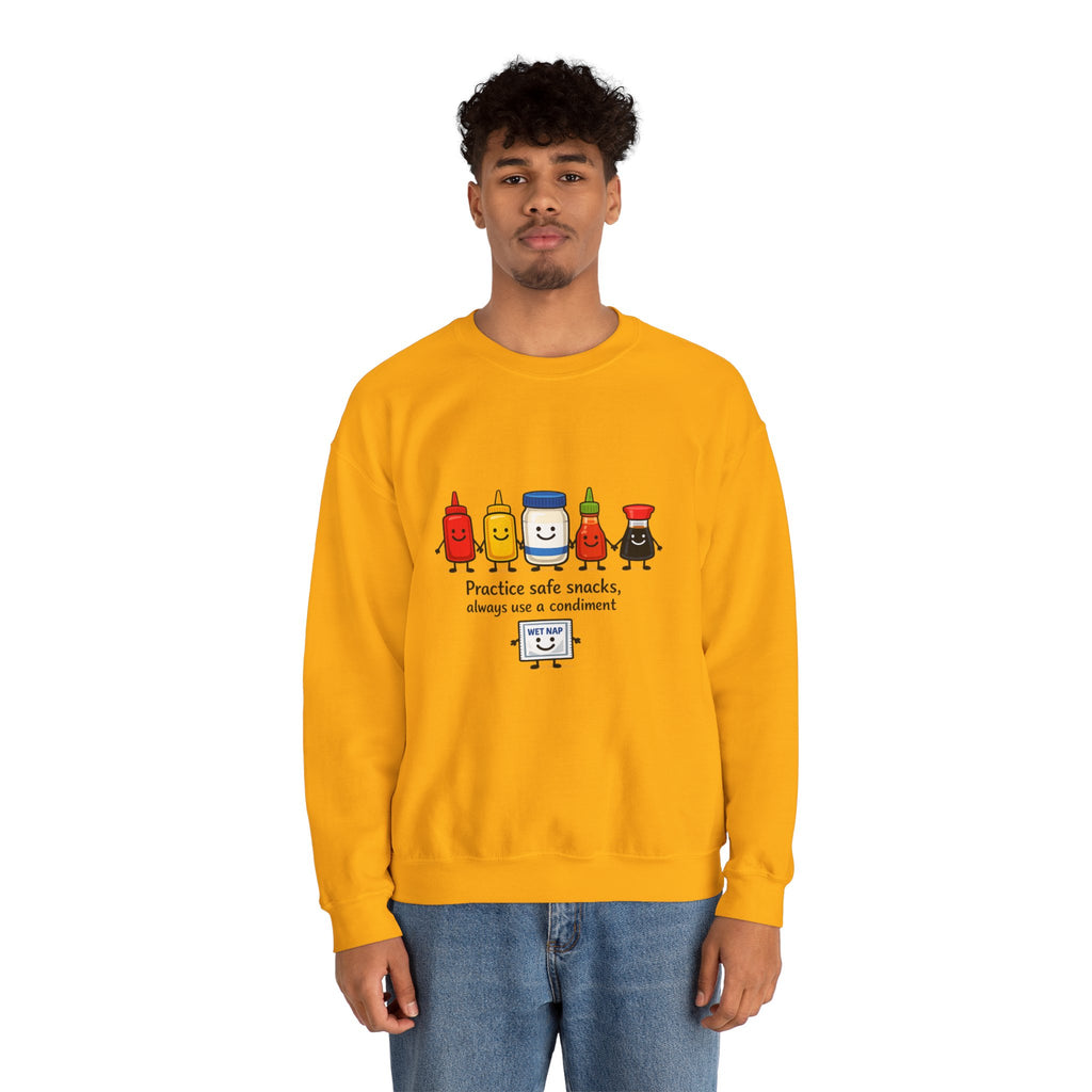 Condiment Cartoon 'Practice Safe Snacks' Sweatshirt | Ketchup Mustard Mayo Funny Food Design