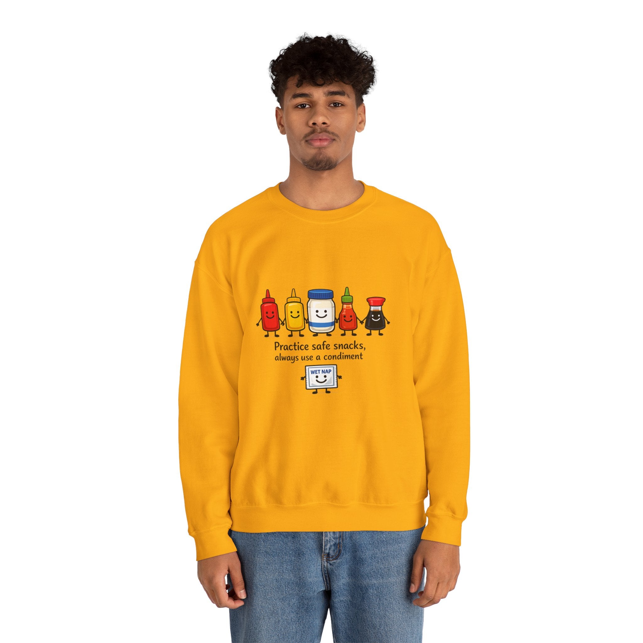 Condiment Cartoon 'Practice Safe Snacks' Sweatshirt | Ketchup Mustard Mayo Funny Food Design