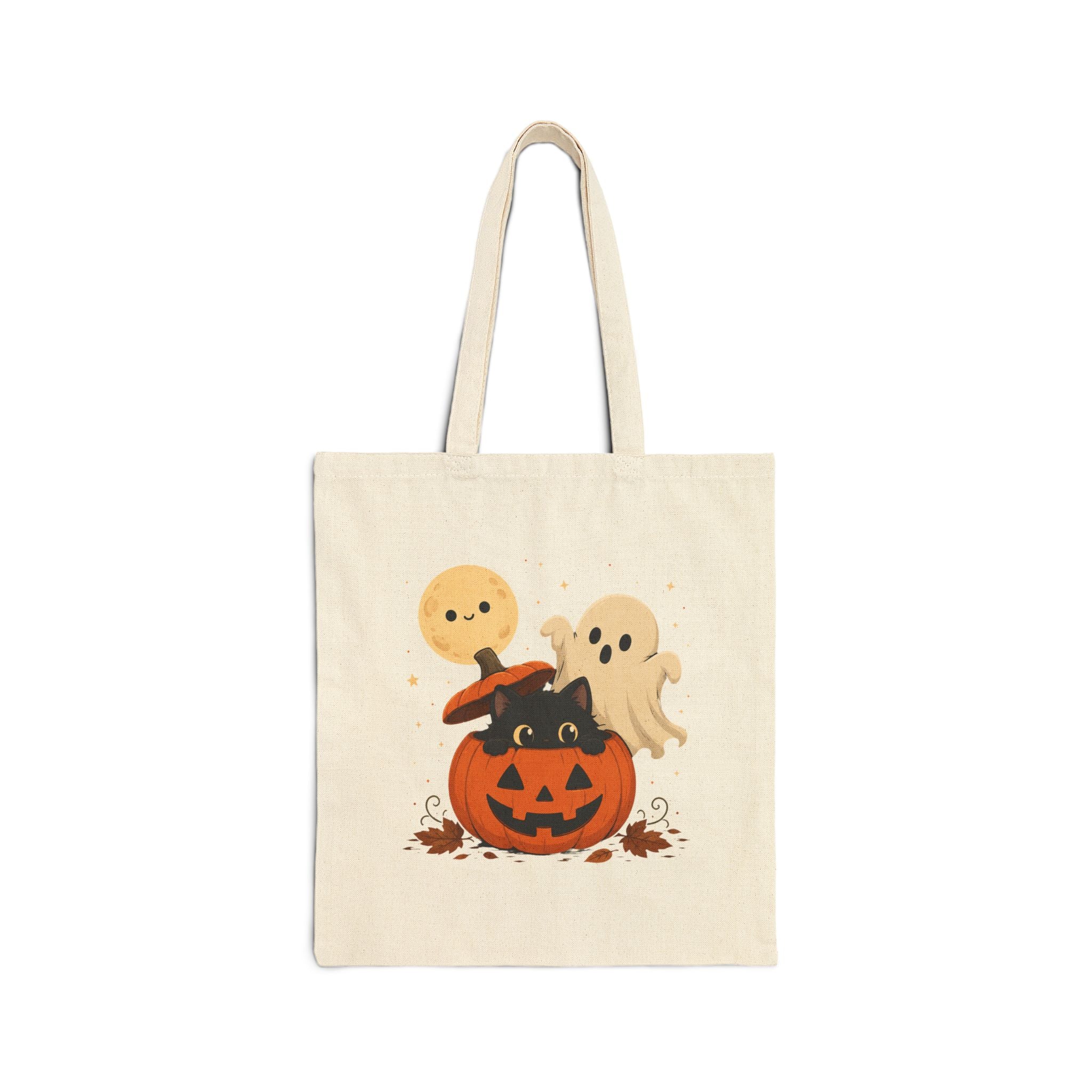 Reusable Double Sided Trick-or-Treat Bag Halloween Cotton Canvas Tote — Cute Pumpkin with Black Cat & Ghosts, Trick or Treat