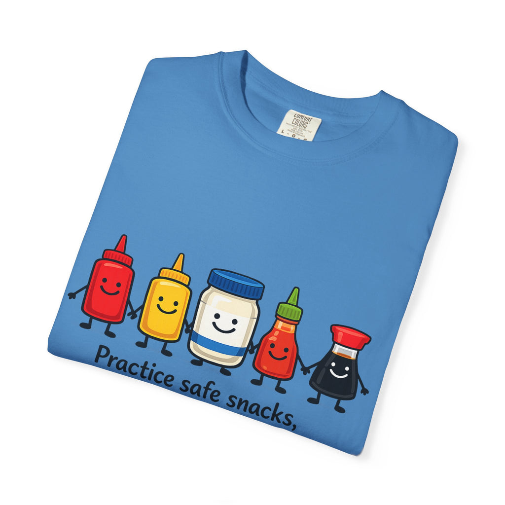 Condom Cartoon T-Shirt — "Practice Safe Snacks" Funny Safe Sex Graphic Tee