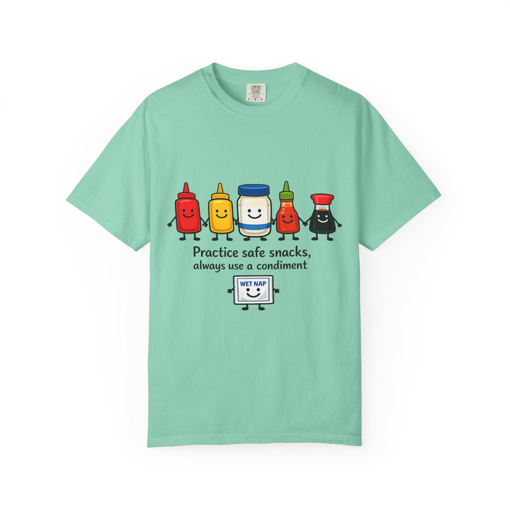 Condom Cartoon T-Shirt — "Practice Safe Snacks" Funny Safe Sex Graphic Tee
