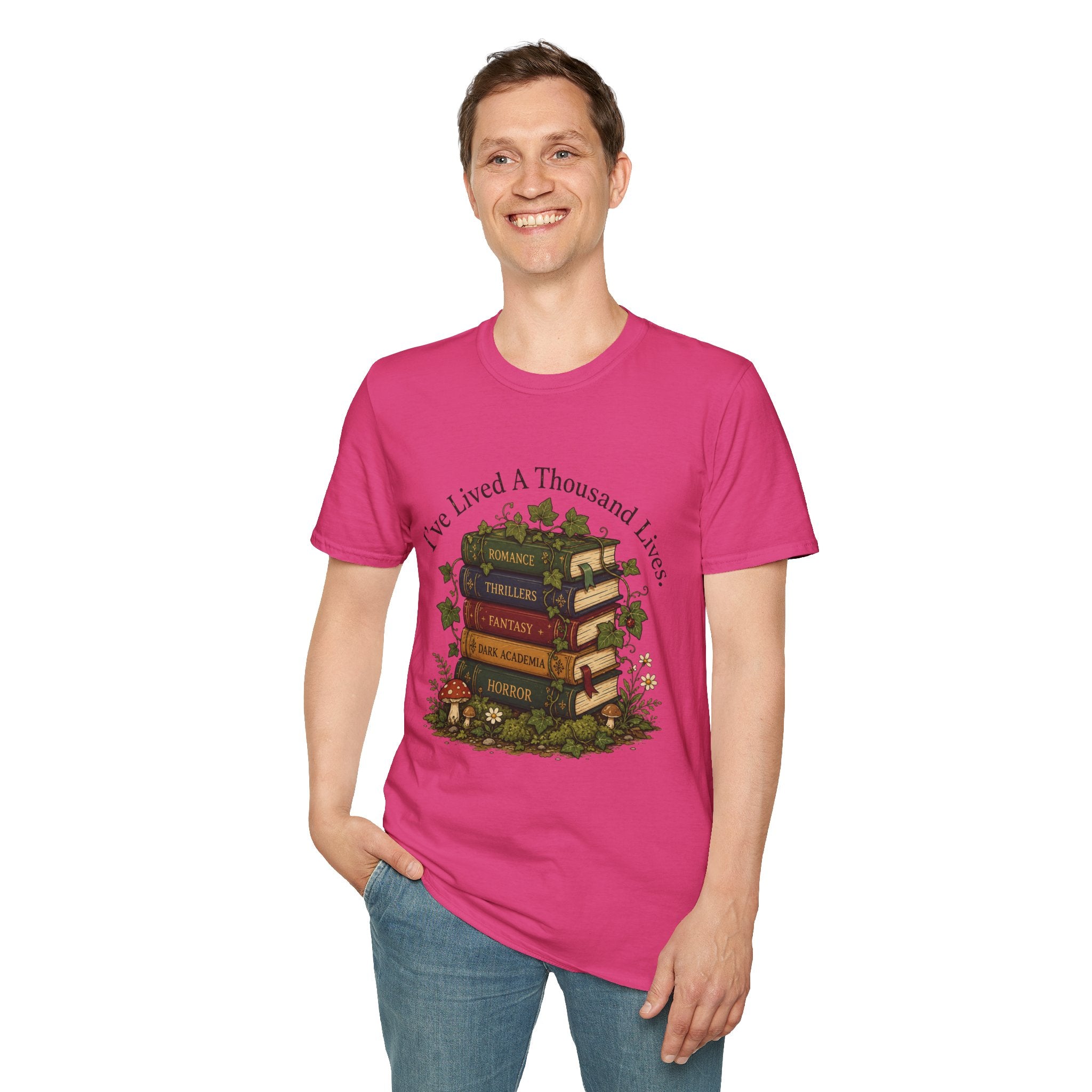 Book Lover T-Shirt — "I've Lived A Thousand Lives" Vintage Stack of Books Design
