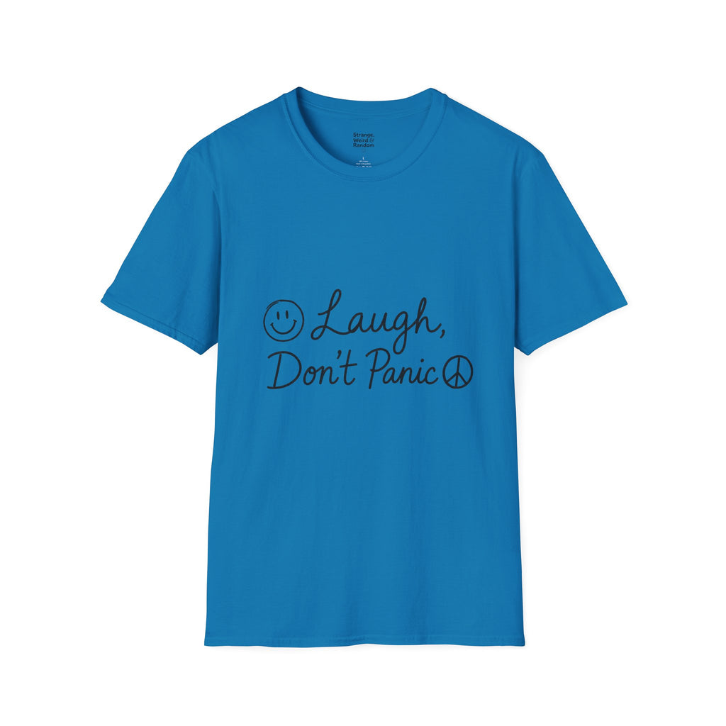 Laugh Don't Panic T-Shirt | Smiley Peace Sign Typography