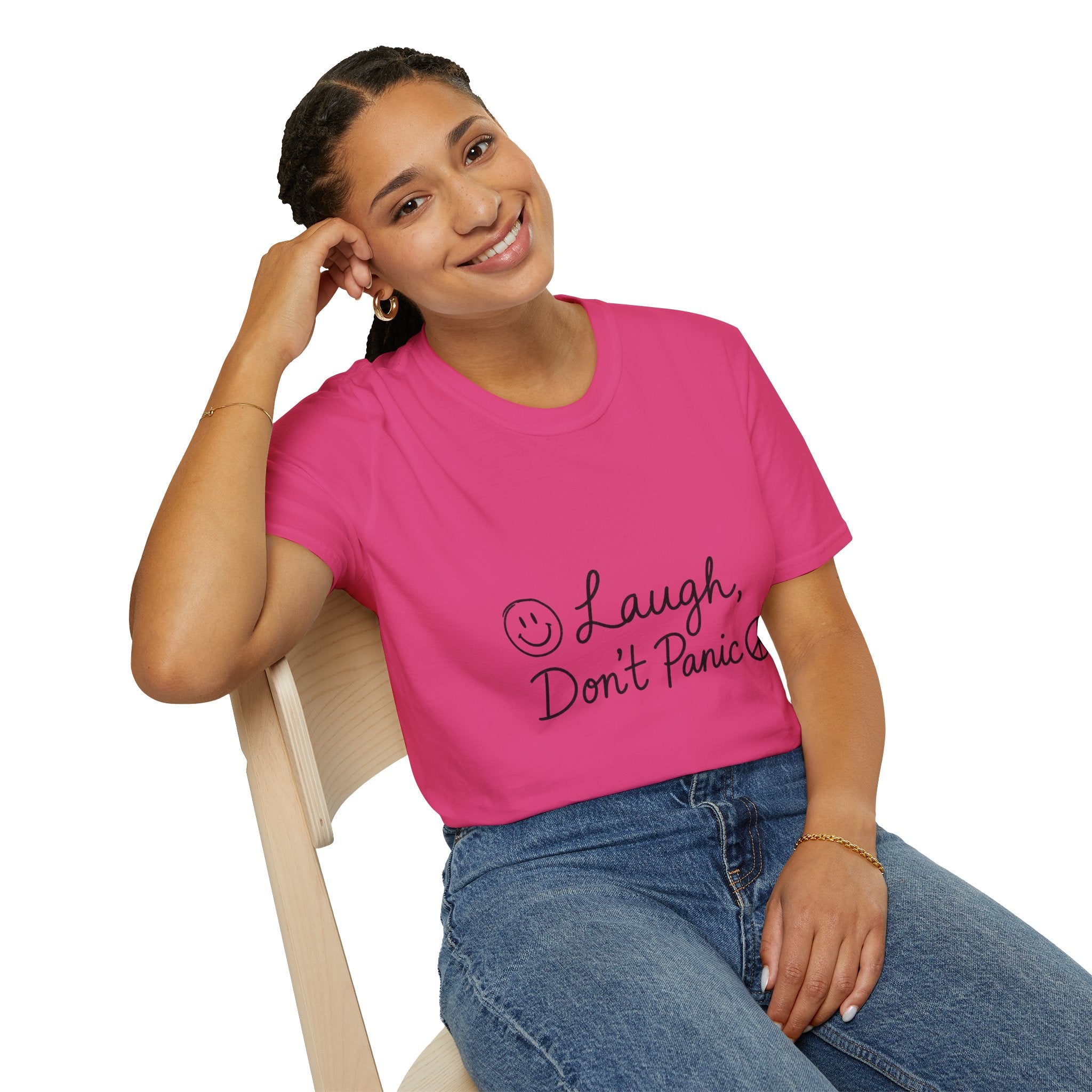 Laugh Don't Panic T-Shirt | Smiley Peace Sign Typography