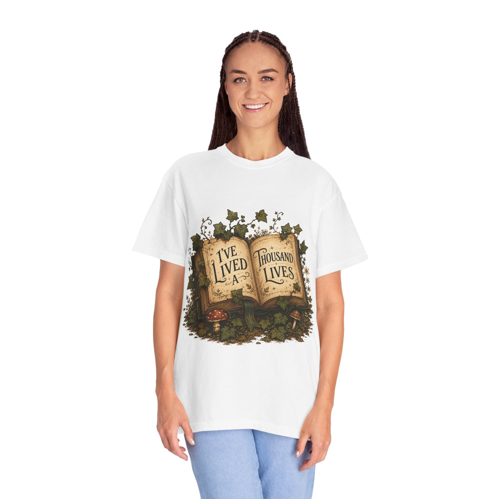 Book Lover T-Shirt — "I've Lived A Thousand Lives" Vintage Open Book Design