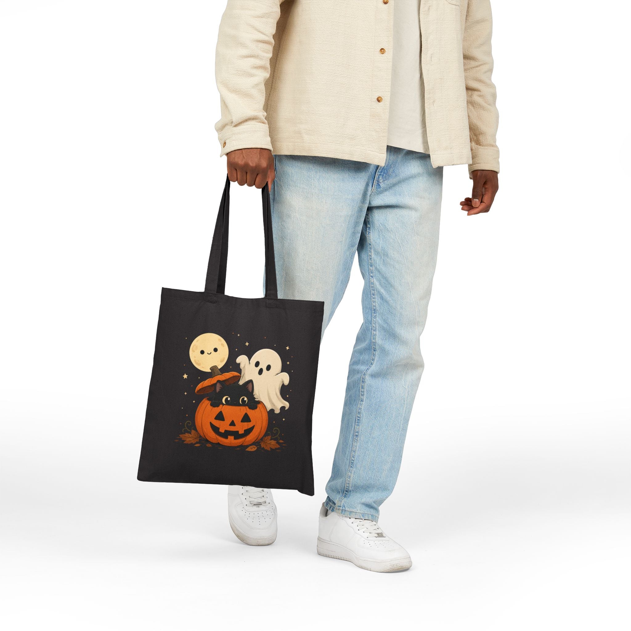 Reusable Double Sided Trick-or-Treat Bag Halloween Cotton Canvas Tote — Cute Pumpkin with Black Cat & Ghosts, Trick or Treat