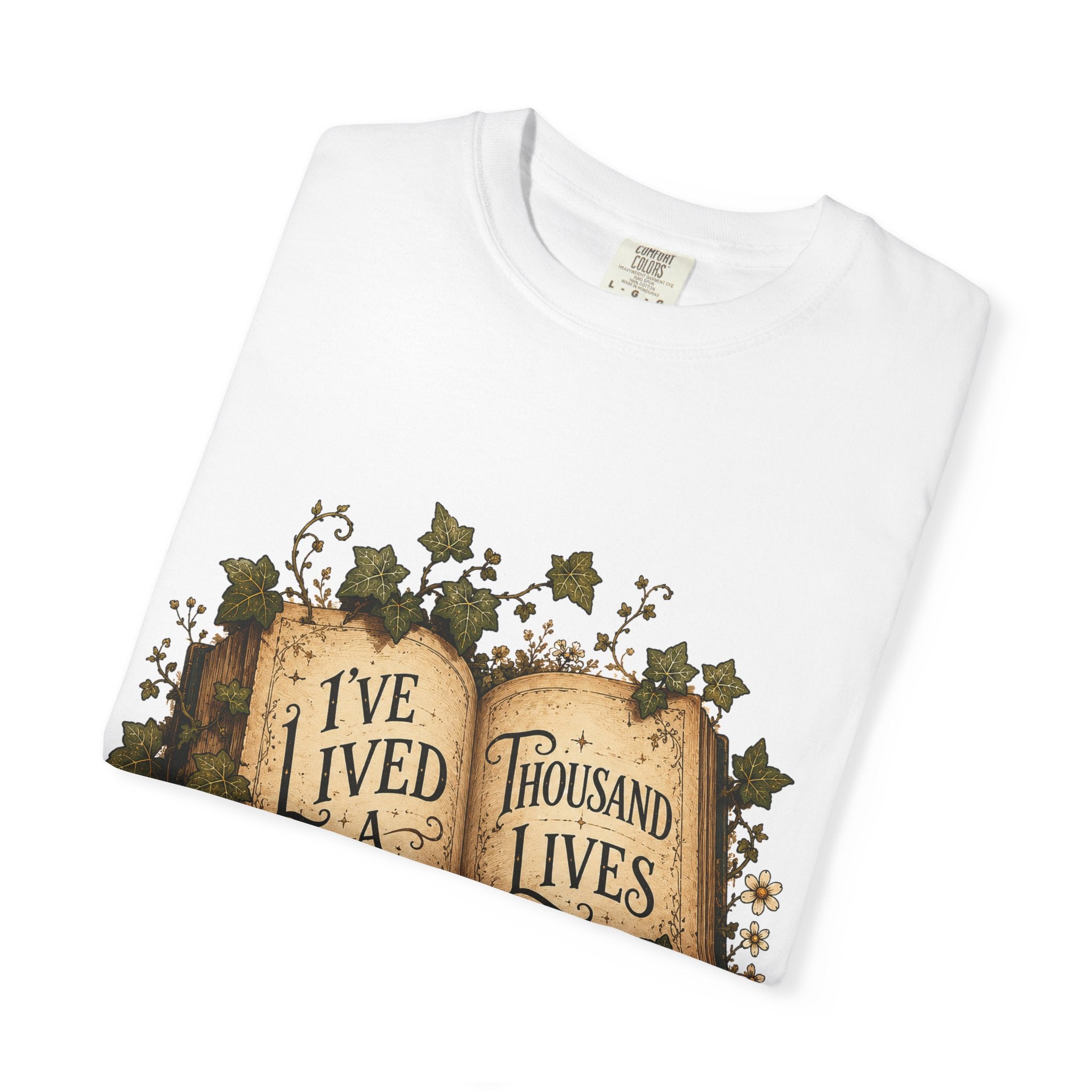 Book Lover T-Shirt — "I've Lived A Thousand Lives" Vintage Open Book Design