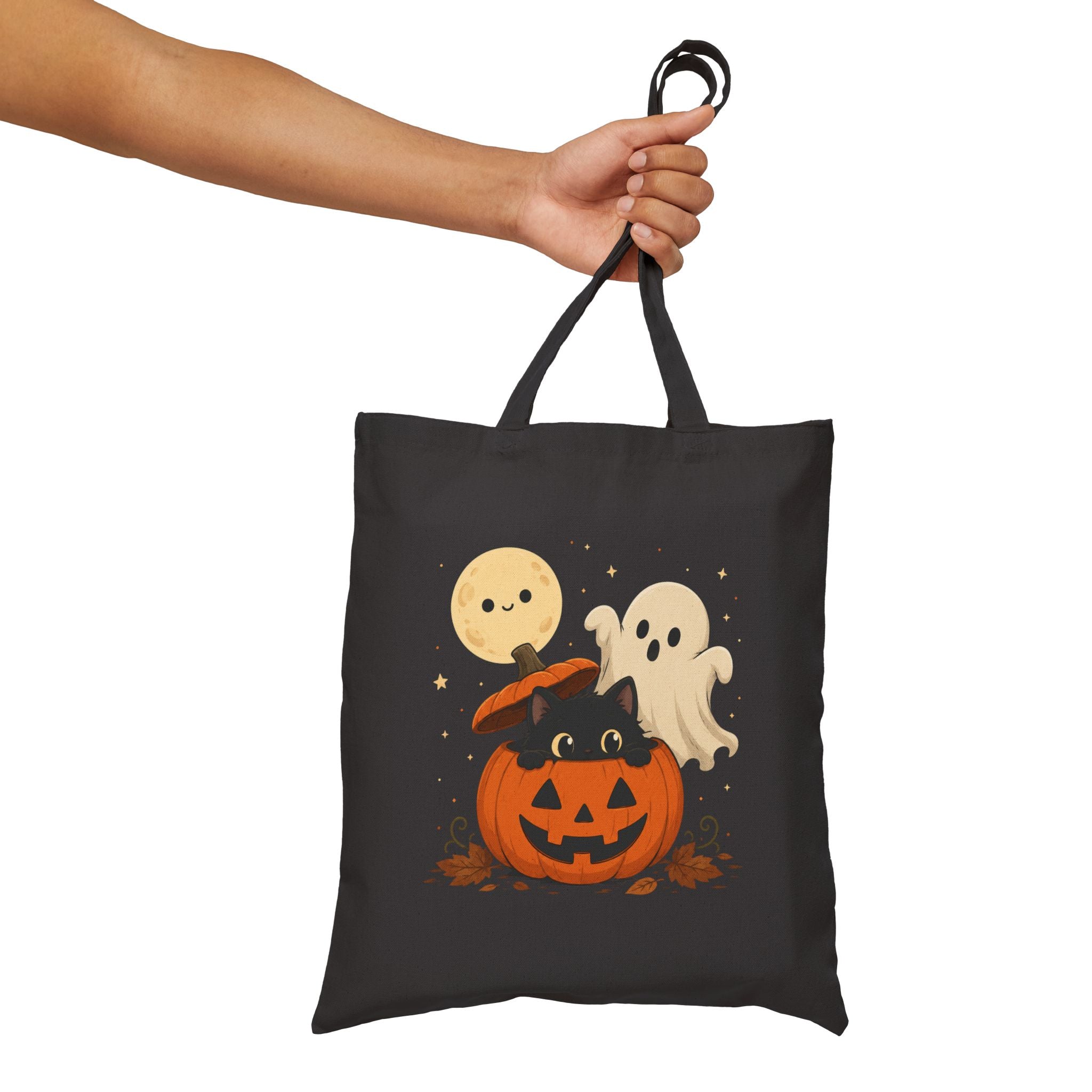 Reusable Double Sided Trick-or-Treat Bag Halloween Cotton Canvas Tote — Cute Pumpkin with Black Cat & Ghosts, Trick or Treat