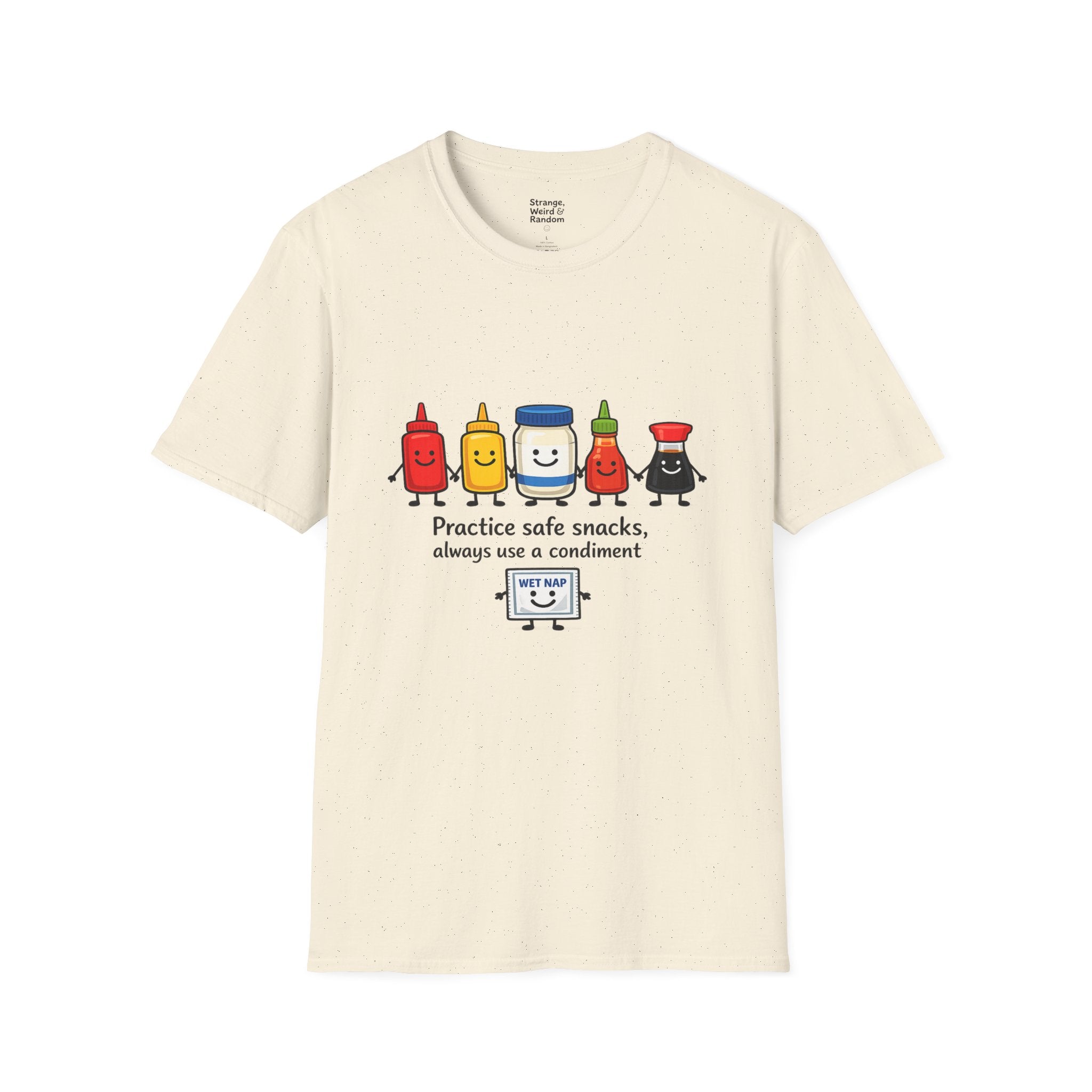 Practice Safe Snacks condiment characters T-Shirt | Ketchup Mustard Peanut Butter Jelly