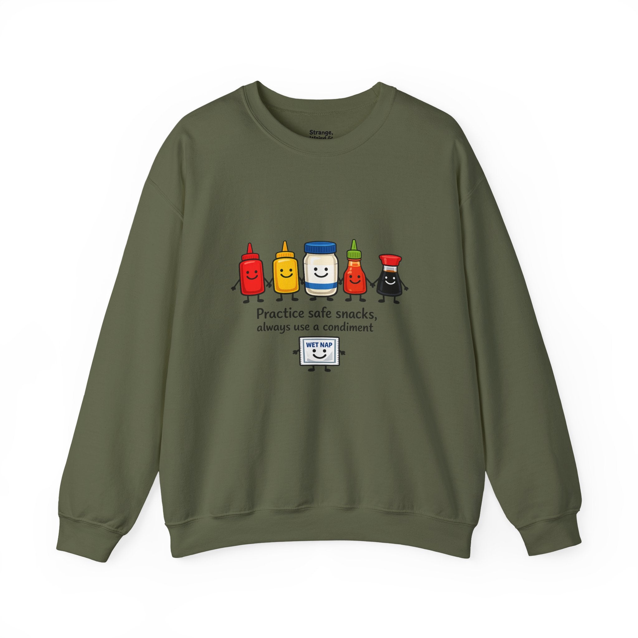 Condiment Cartoon 'Practice Safe Snacks' Sweatshirt | Ketchup Mustard Mayo Funny Food Design