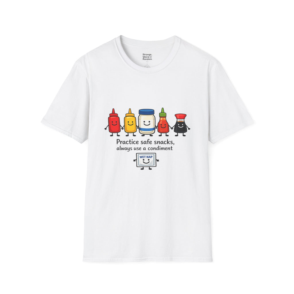 Practice Safe Snacks condiment characters T-Shirt | Ketchup Mustard Peanut Butter Jelly