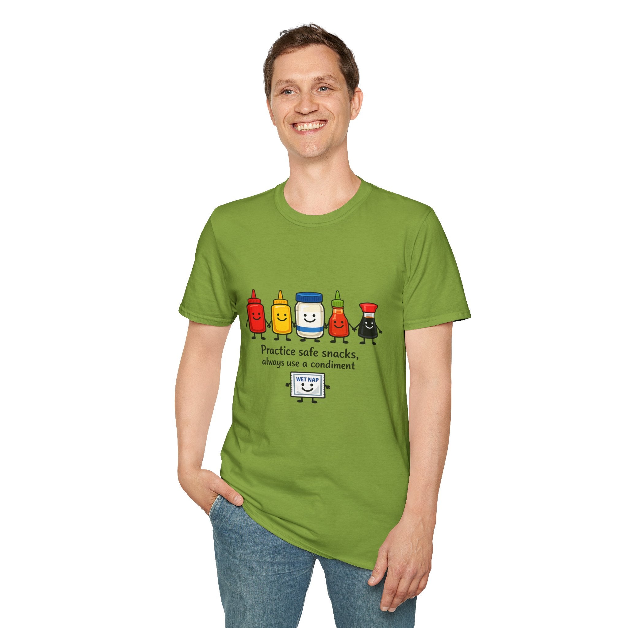 Practice Safe Snacks condiment characters T-Shirt | Ketchup Mustard Peanut Butter Jelly