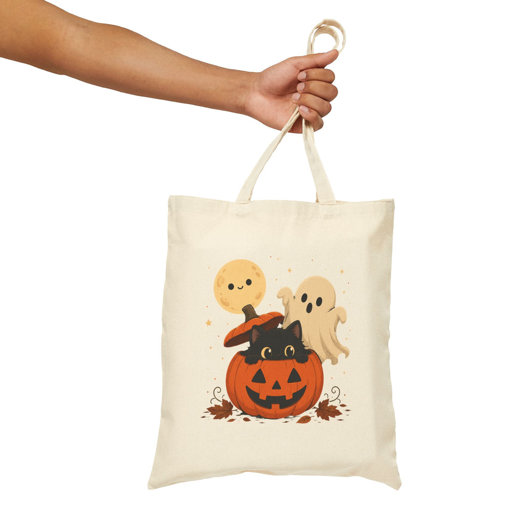 Reusable Double Sided Trick-or-Treat Bag Halloween Cotton Canvas Tote — Cute Pumpkin with Black Cat & Ghosts, Trick or Treat
