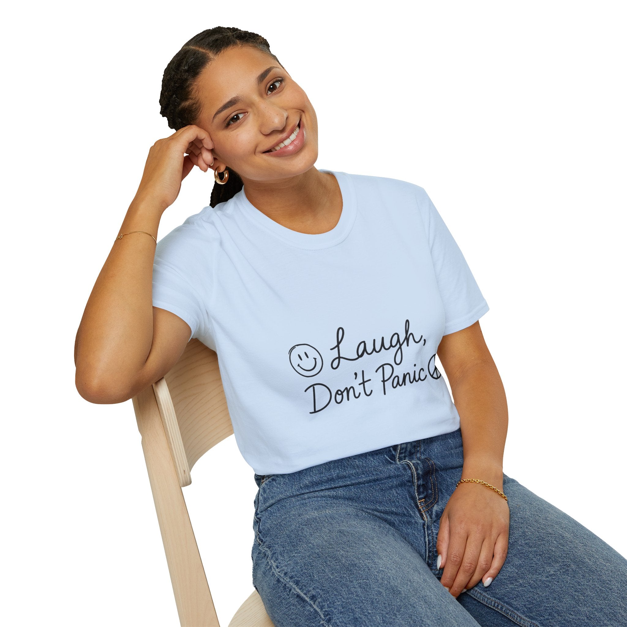 Laugh Don't Panic T-Shirt | Smiley Peace Sign Typography
