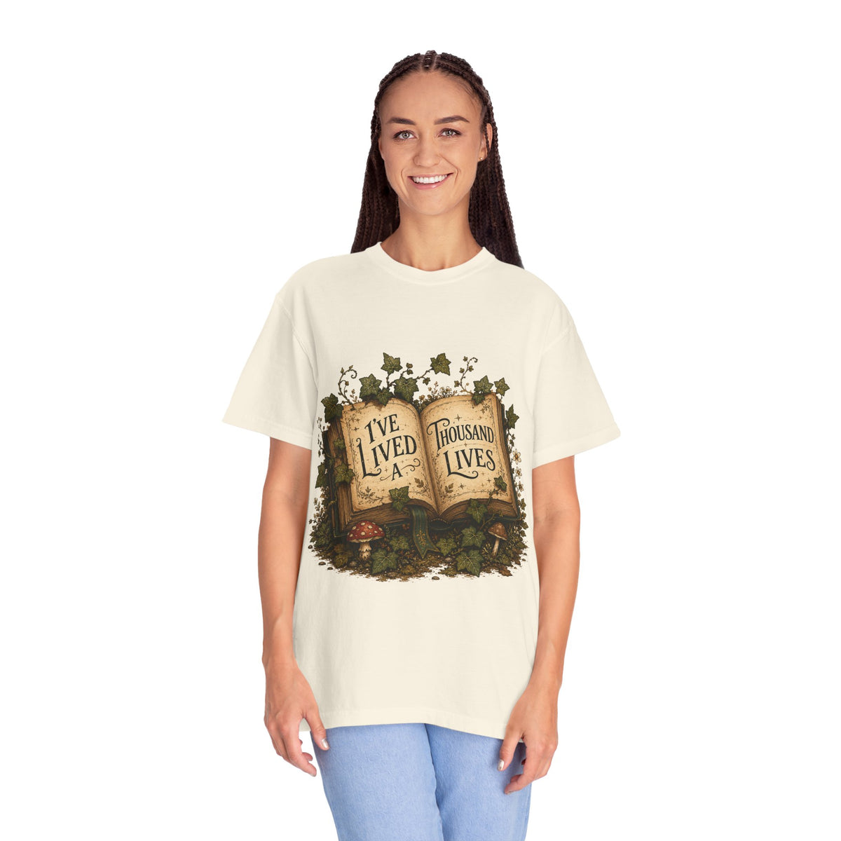 Book Lover T-Shirt — "I've Lived A Thousand Lives" Vintage Open Book Design