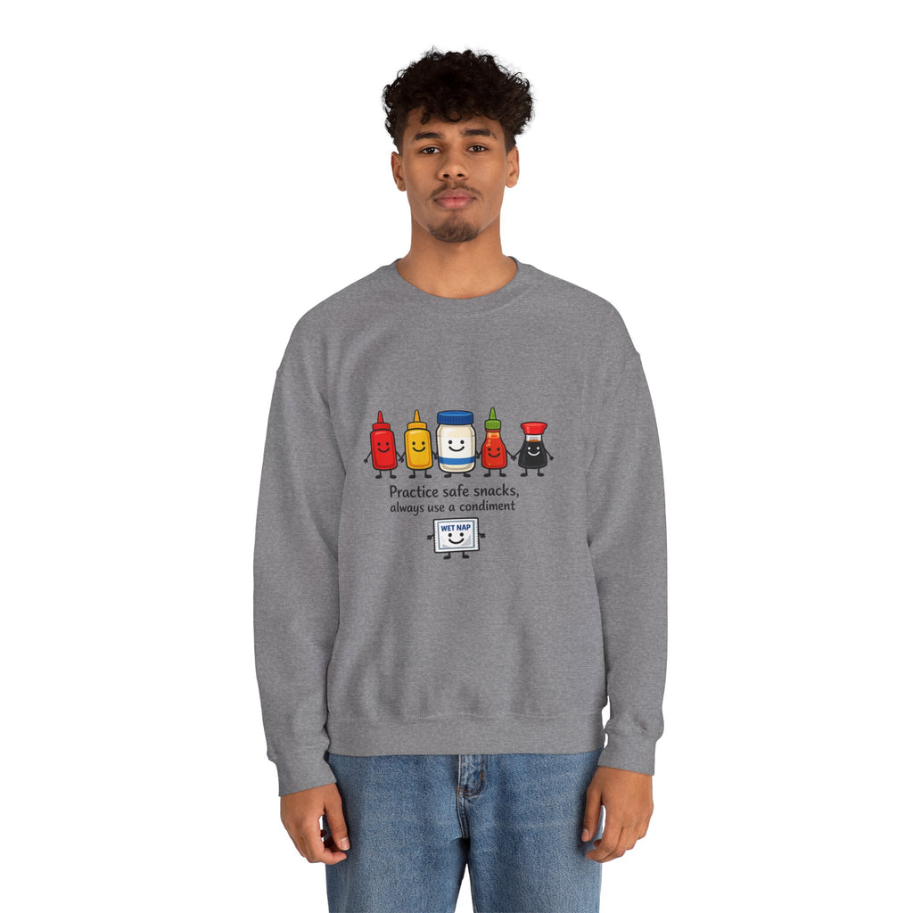 Condiment Cartoon 'Practice Safe Snacks' Sweatshirt | Ketchup Mustard Mayo Funny Food Design